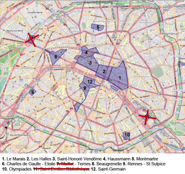 Carte des zones touristiques internationales à Paris